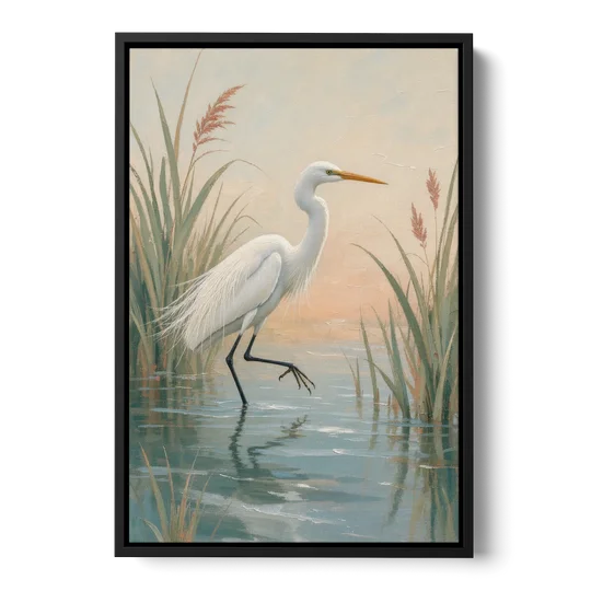 Egret Painting Wading Through Marsh Reeds - Black Framed Canvas Wall Art - Front