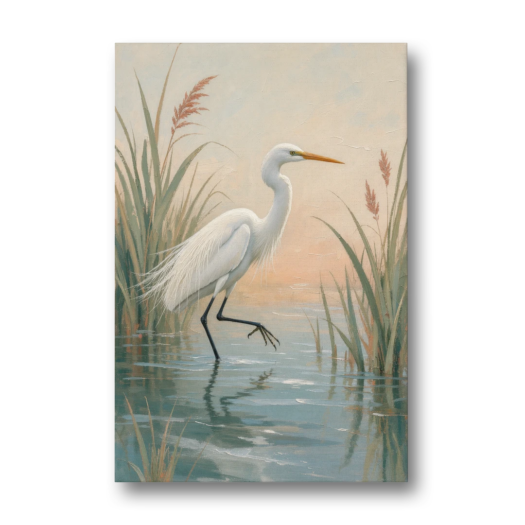 Egret Painting Wading Through Marsh Reeds - Canvas Wall Art - Front