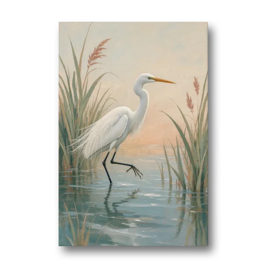 Egret Painting Wading Through Marsh Reeds - Canvas Wall Art - Front