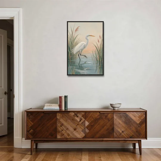 Egret Painting Wading Through Marsh Reeds - Black Framed Canvas Wall Art - Coffee Table - 24x36