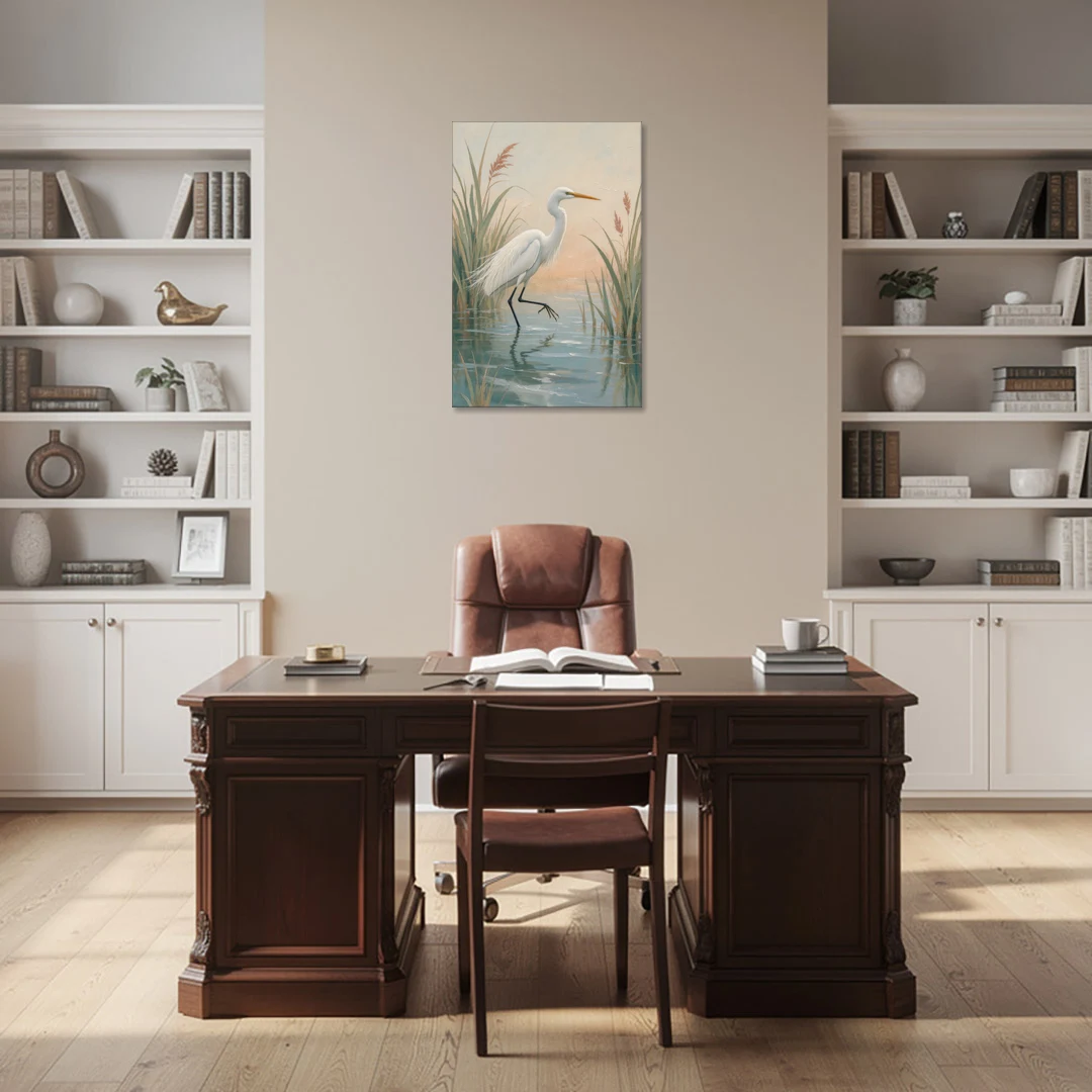 Egret Painting Wading Through Marsh Reeds - Canvas Wall Art - Office - 24x36