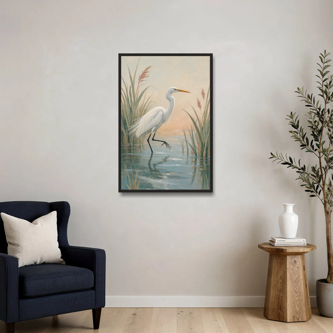 Egret Painting Wading Through Marsh Reeds - Black Framed Canvas Wall Art - Sofa - 24x36