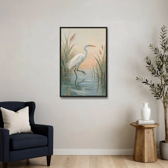 Egret Painting Wading Through Marsh Reeds - Black Framed Canvas Wall Art - Sofa - 24x36