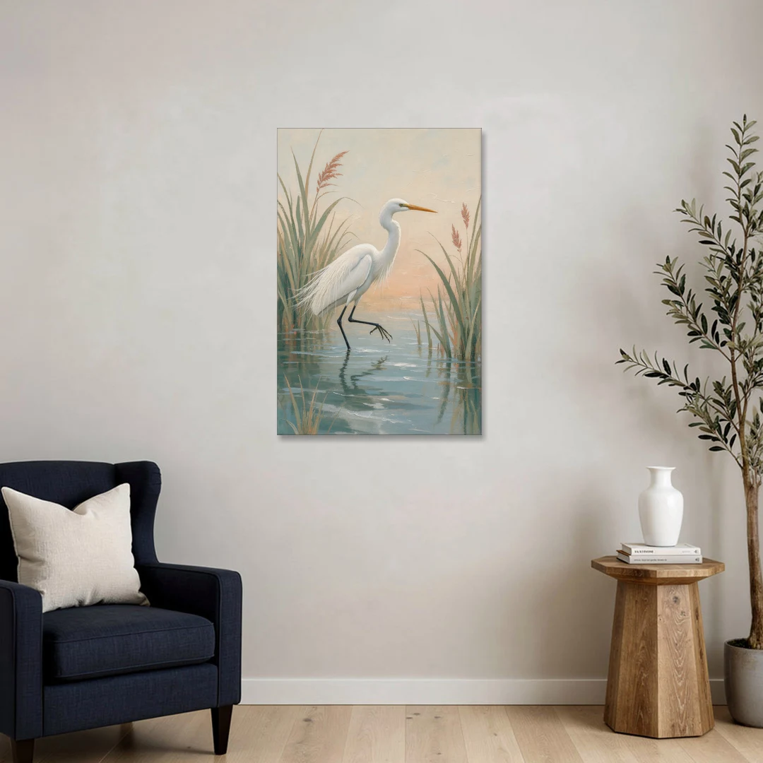 Egret Painting Wading Through Marsh Reeds - Canvas Wall Art - Sofa - 24x36