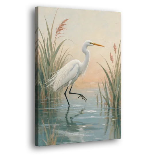 Egret Painting Wading Through Marsh Reeds - Canvas Wall Art - Side
