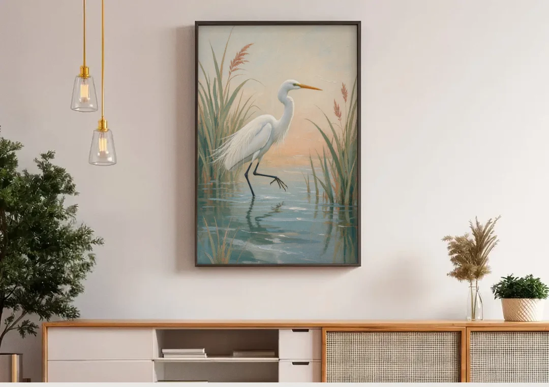 Egret Painting Wading Through Marsh Reeds canvas wall art above a wooden sideboard under pendant lights