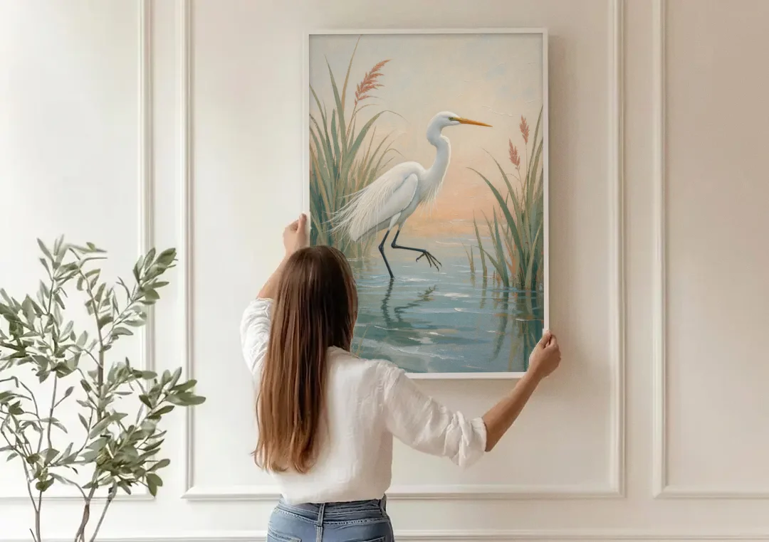 Egret Painting Wading Through Marsh Reeds canvas wall art being hung on a paneled wall