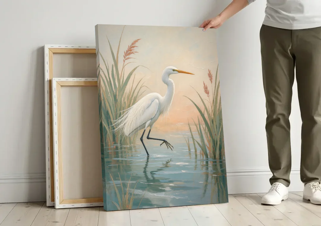 Egret Painting Wading Through Marsh Reeds canvas wall art leaning against a wall next to blank canvases