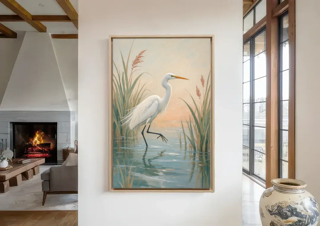 Egret Painting Wading Through Marsh Reeds canvas wall art in a living room with a fireplace