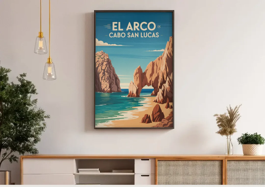El Arco de Cabo San Lucas canvas wall art above a wooden sideboard under pendant lights