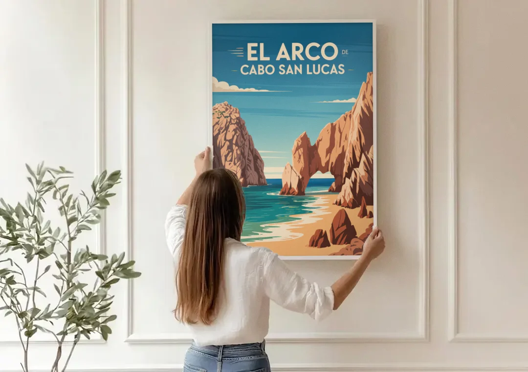 El Arco de Cabo San Lucas canvas wall art being hung on a paneled wall