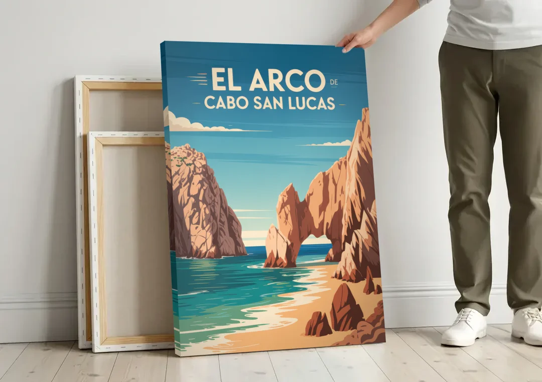 El Arco de Cabo San Lucas canvas wall art leaning against a wall next to blank canvases