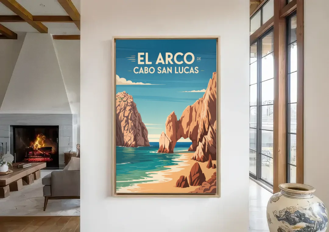 El Arco de Cabo San Lucas canvas wall art in a living room with a fireplace