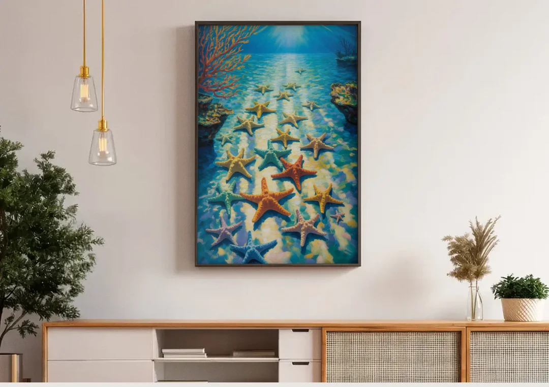 El Cielo Starfish Shallows canvas wall art above a wooden sideboard under pendant lights