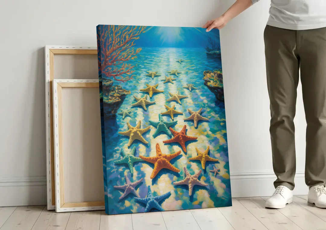 El Cielo Starfish Shallows canvas wall art leaning against a wall next to blank canvases