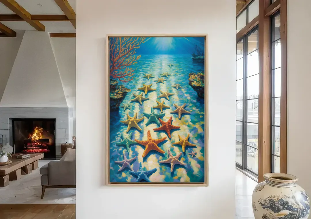 El Cielo Starfish Shallows canvas wall art in a living room with a fireplace