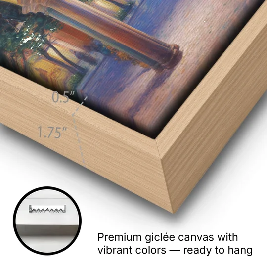 El Jardín Evening - Oak Framed Canvas Wall Art - Gallery Wrap Corner