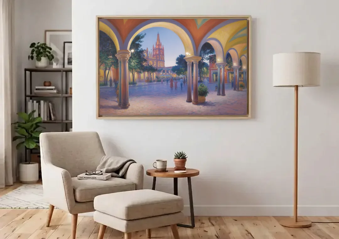 El Jardín Evening canvas wall art above an armchair in a bright living room