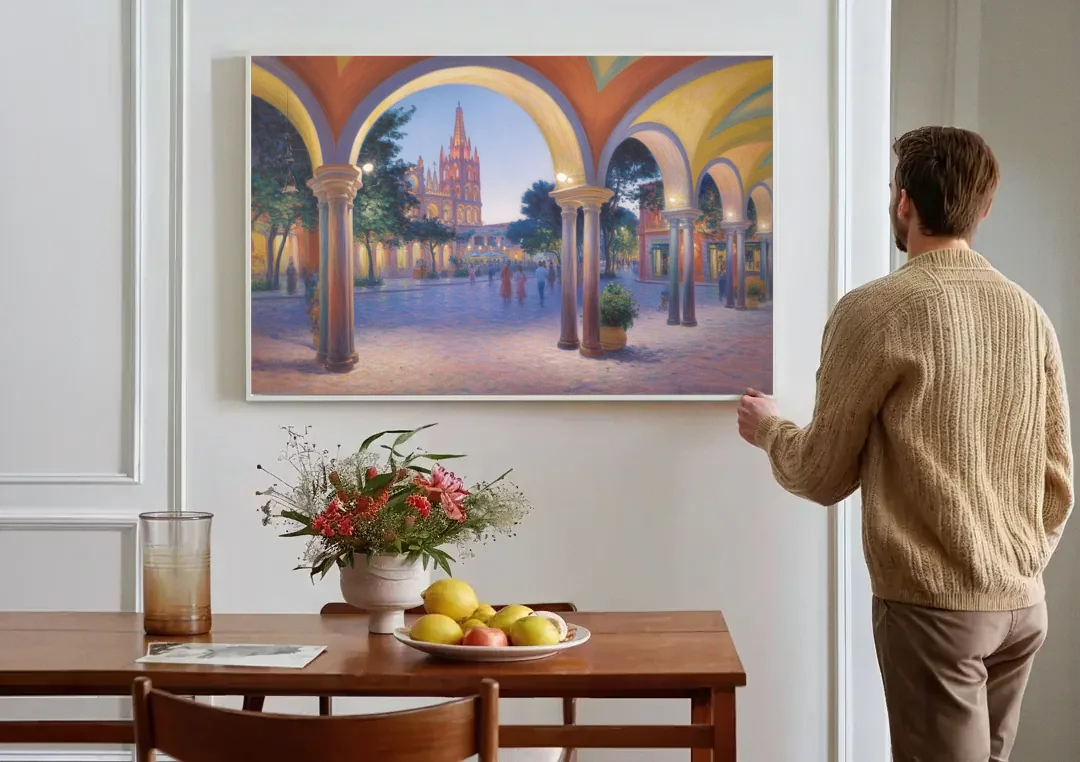El Jardín Evening canvas wall art above a dining table