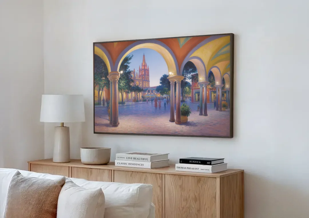 El Jardín Evening canvas wall art above a wooden sideboard next to a sofa