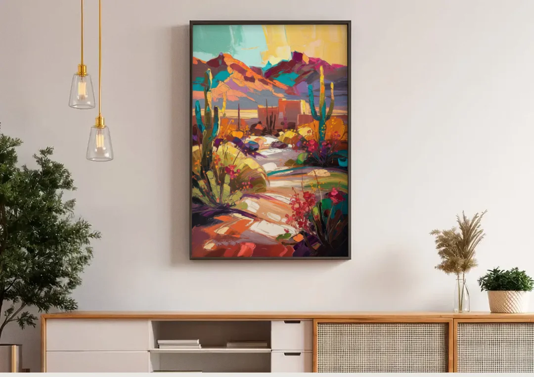 El Paso Borderland Beauty canvas wall art above a wooden sideboard under pendant lights
