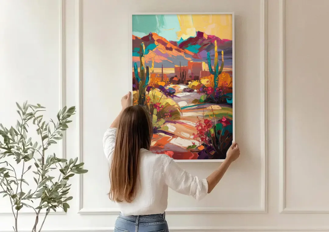El Paso Borderland Beauty canvas wall art being hung on a paneled wall