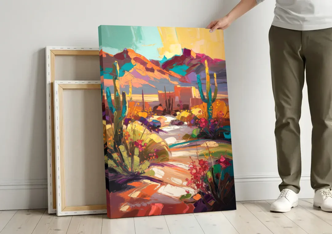 El Paso Borderland Beauty canvas wall art leaning against a wall next to blank canvases