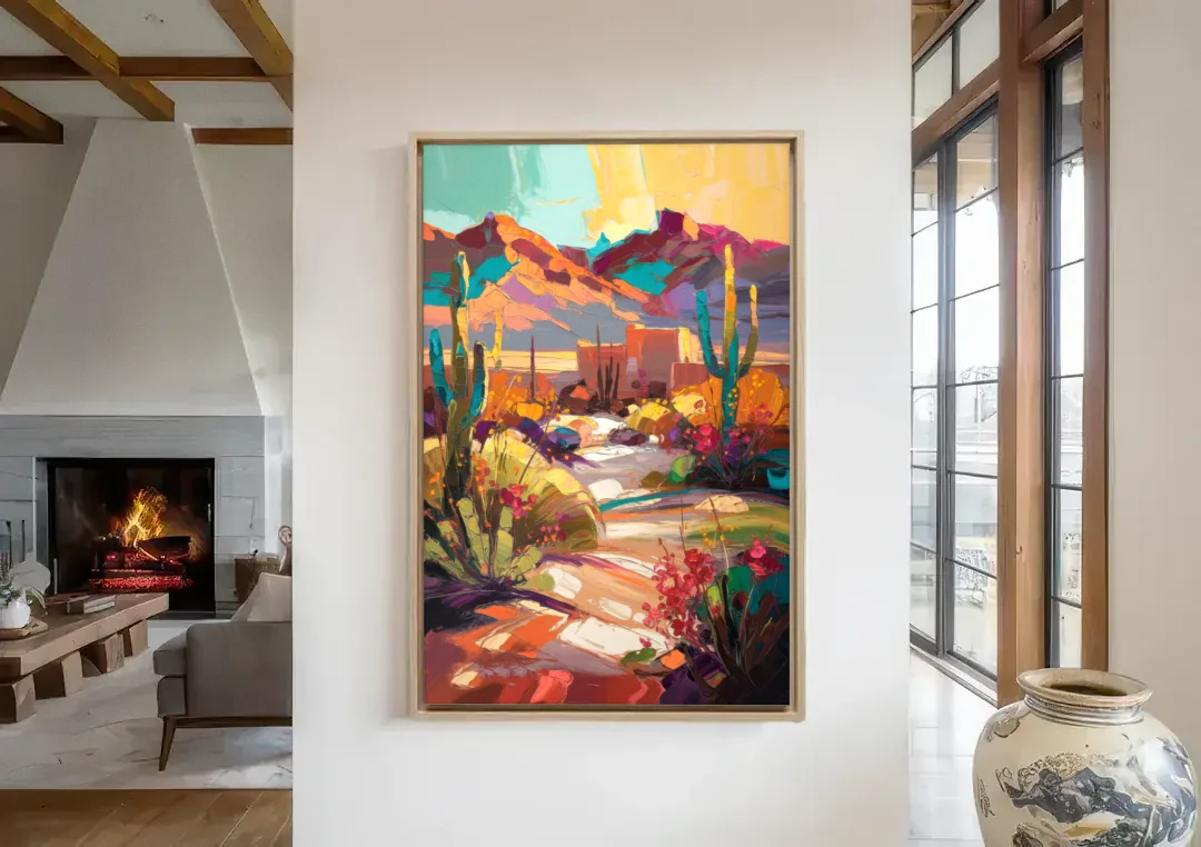 El Paso Borderland Beauty canvas wall art in a living room with a fireplace