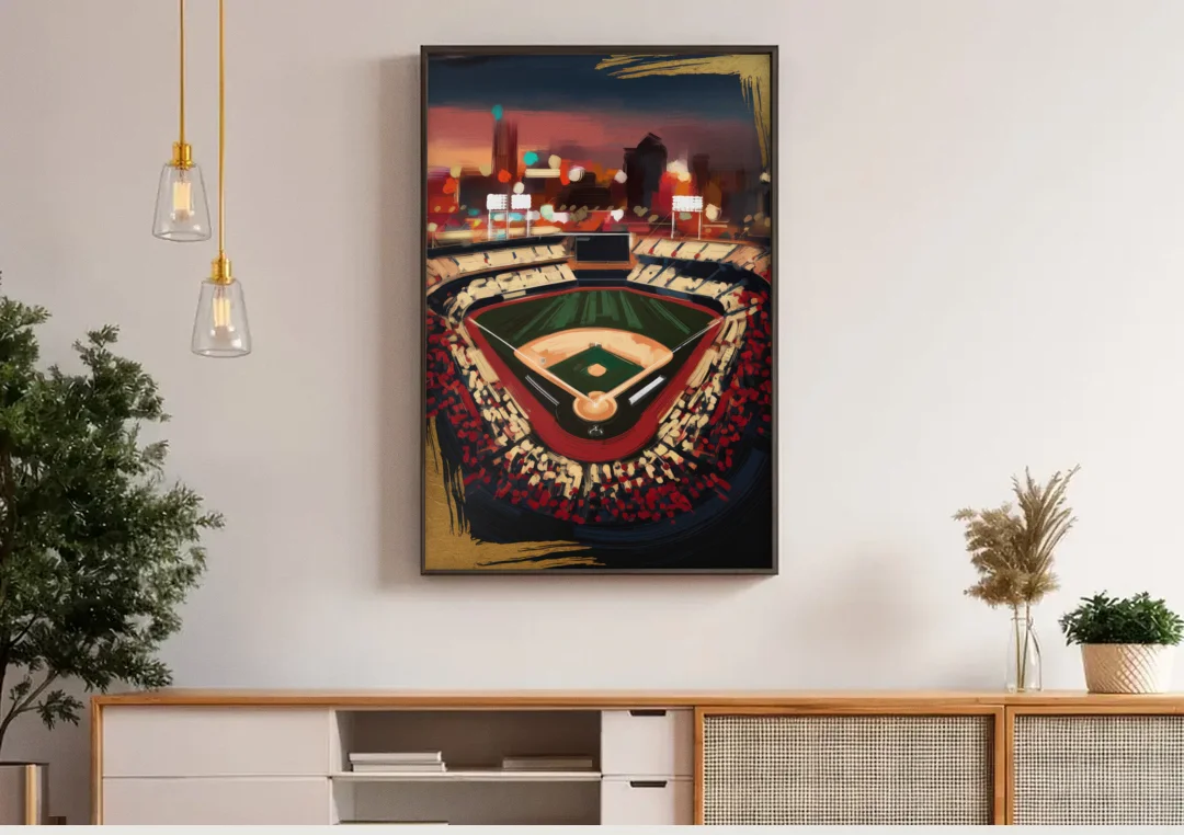 El Paso Chihuahuas Baseball canvas wall art above a wooden sideboard under pendant lights