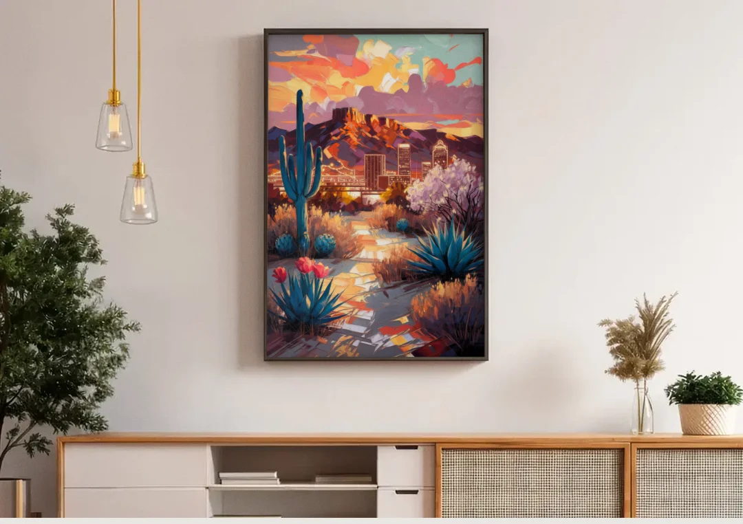 El Paso Cultural Heritage canvas wall art above a wooden sideboard under pendant lights