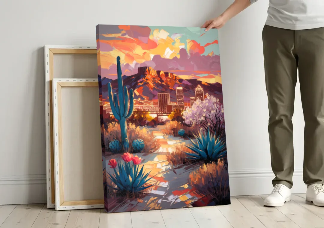 El Paso Cultural Heritage canvas wall art leaning against a wall next to blank canvases