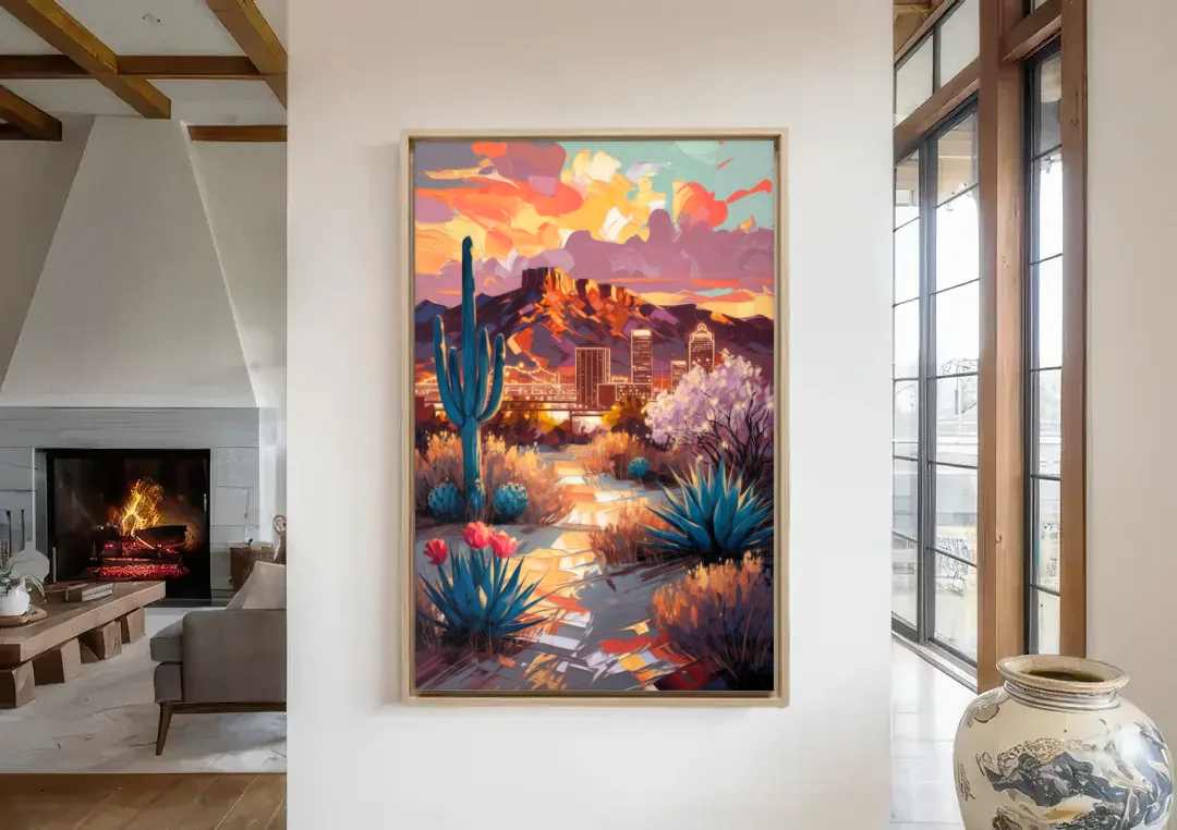 El Paso Cultural Heritage canvas wall art in a living room with a fireplace