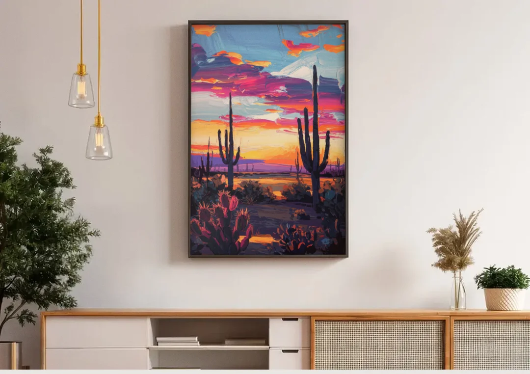El Paso Desert Sunset canvas wall art above a wooden sideboard under pendant lights