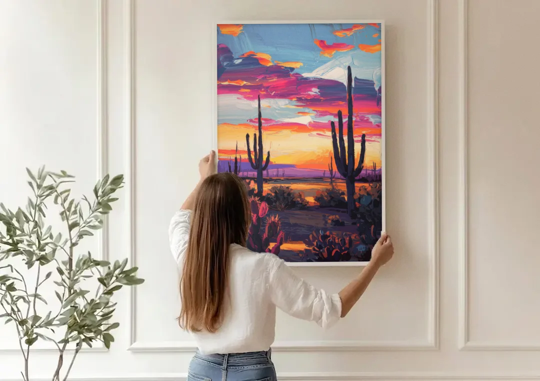 El Paso Desert Sunset canvas wall art being hung on a paneled wall