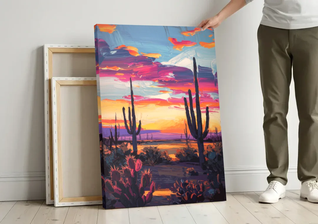 El Paso Desert Sunset canvas wall art leaning against a wall next to blank canvases
