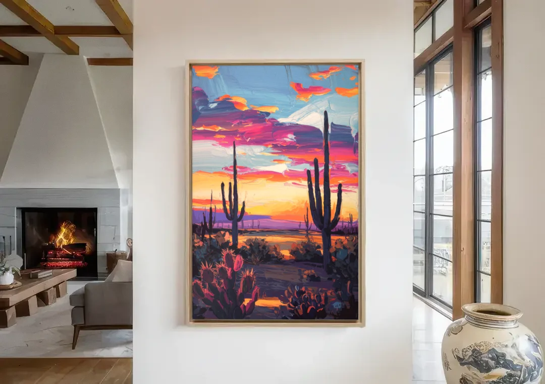 El Paso Desert Sunset canvas wall art in a living room with a fireplace