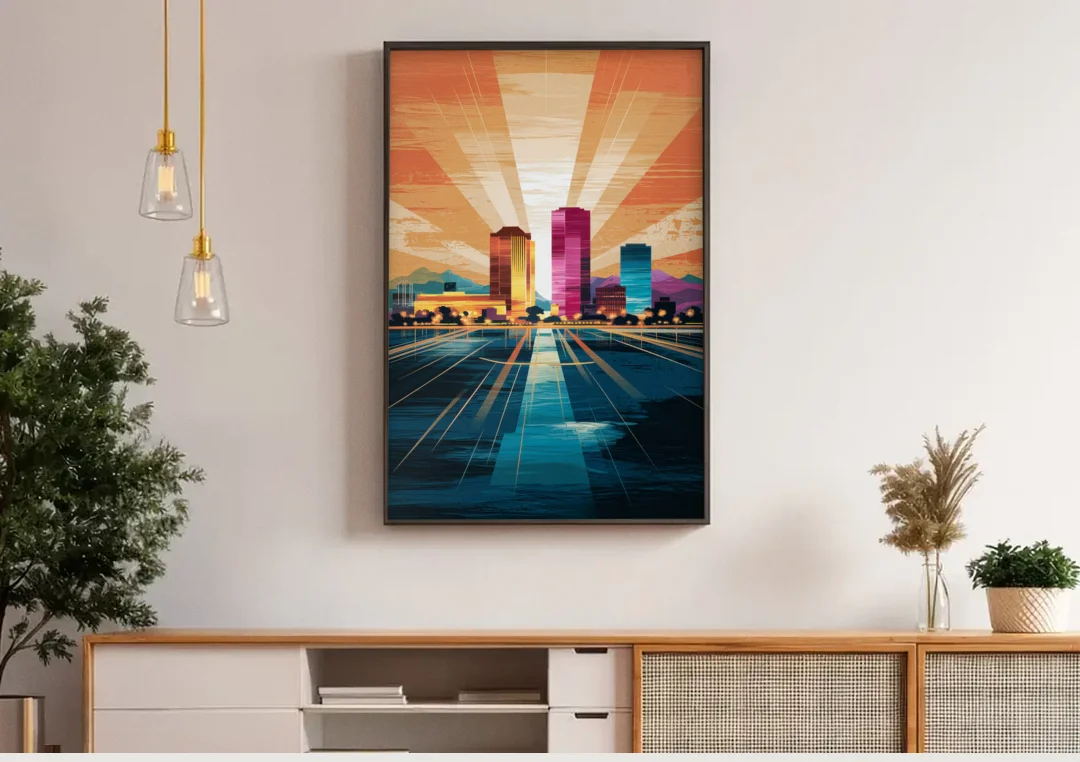 El Paso Downtown Vibes canvas wall art above a wooden sideboard under pendant lights
