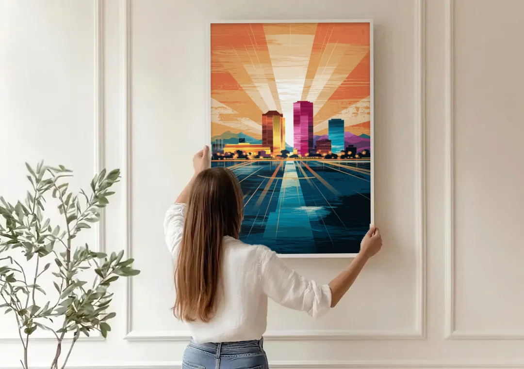El Paso Downtown Vibes canvas wall art being hung on a paneled wall