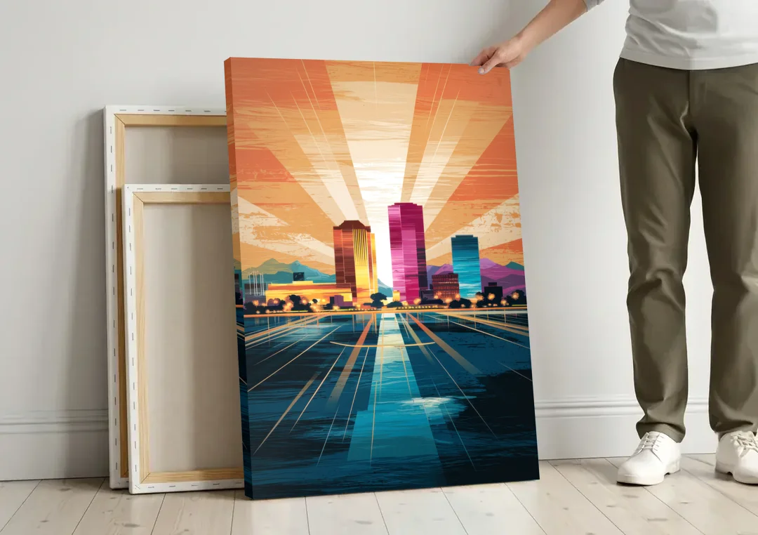 El Paso Downtown Vibes canvas wall art leaning against a wall next to blank canvases