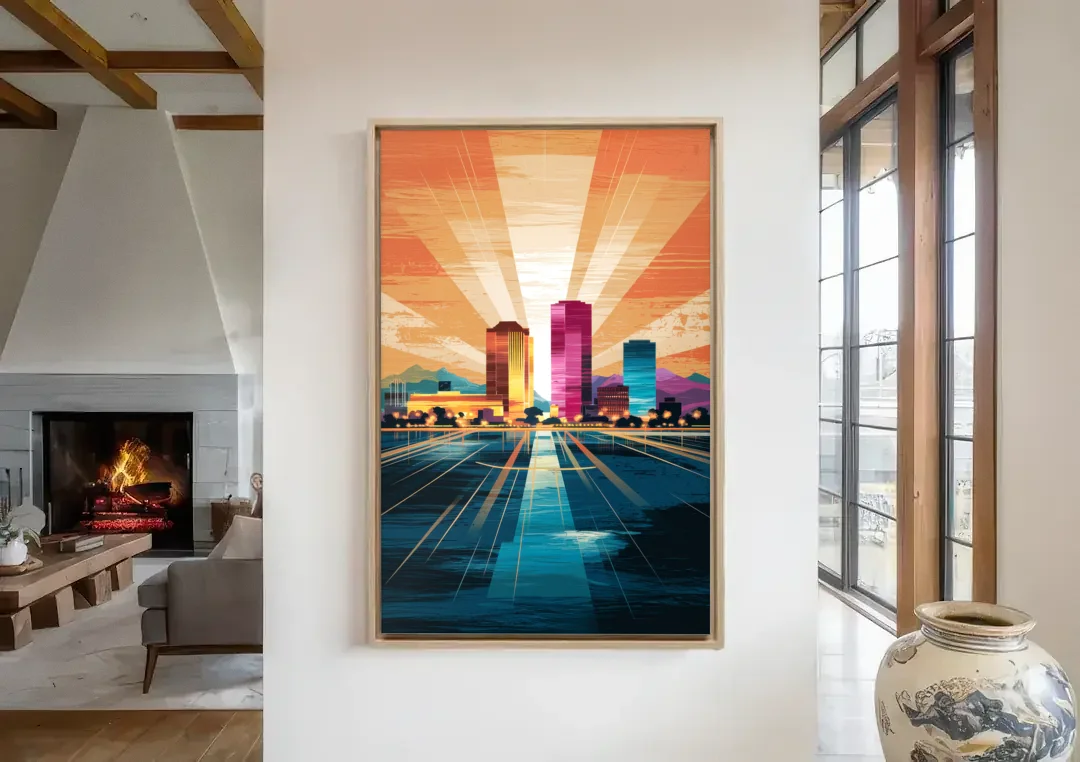 El Paso Downtown Vibes canvas wall art in a living room with a fireplace
