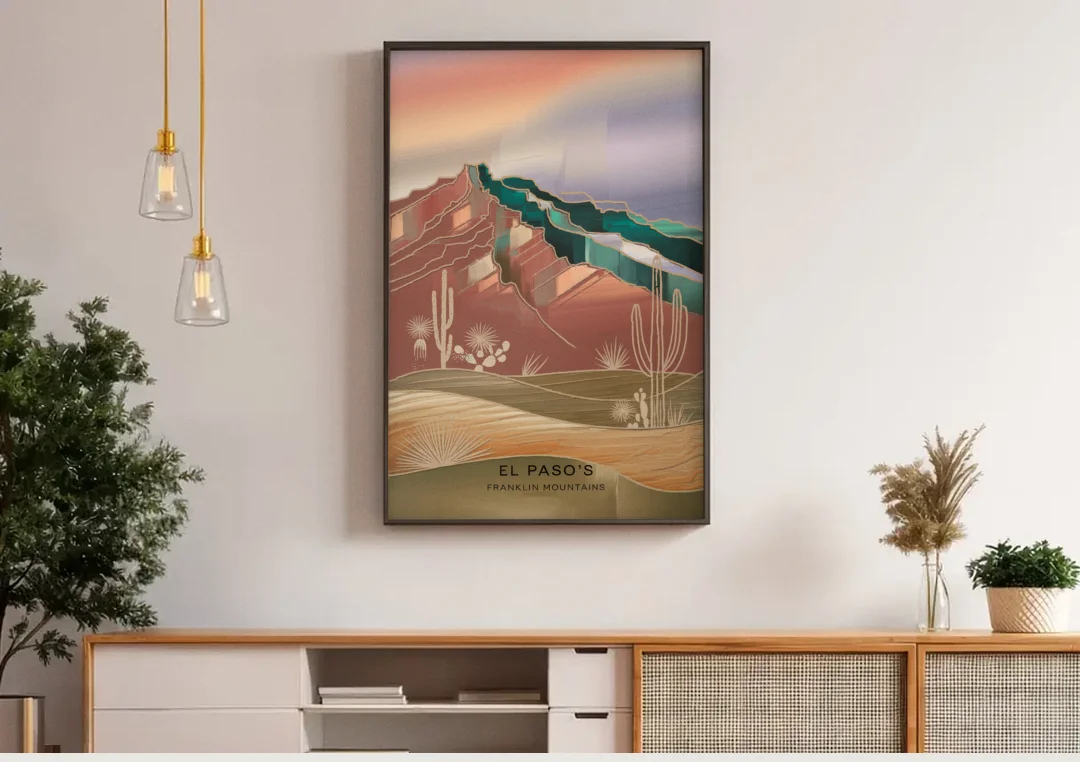 El Paso Franklin Mountains canvas wall art above a wooden sideboard under pendant lights