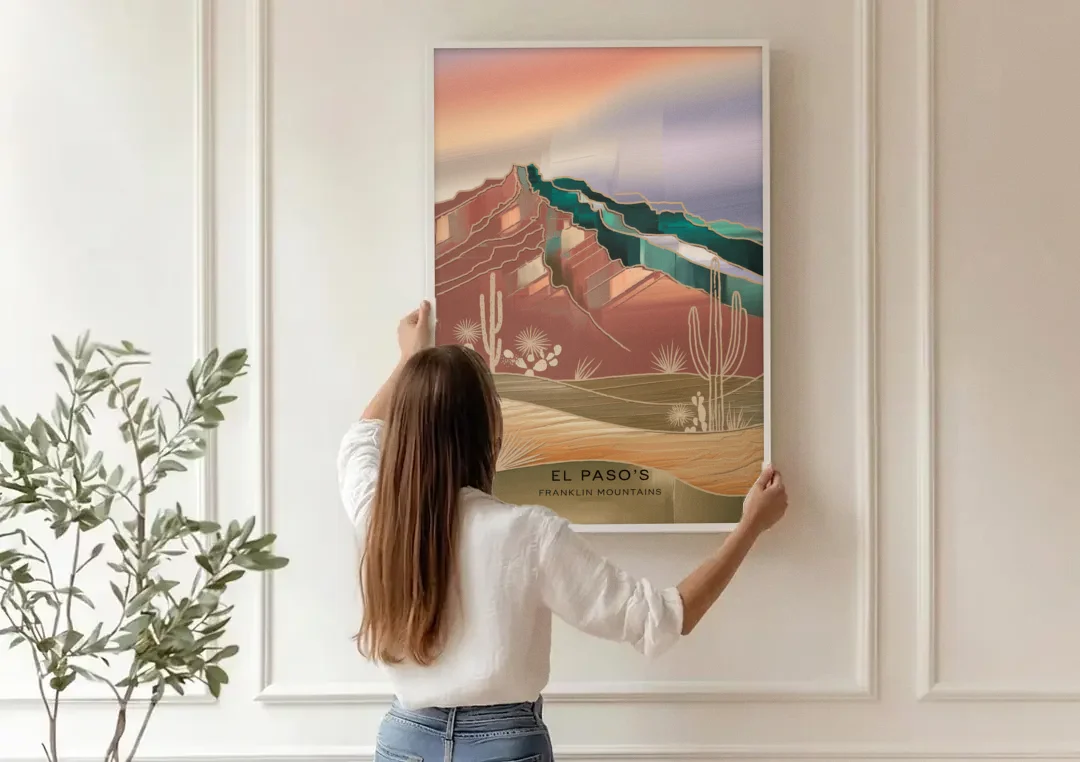 El Paso Franklin Mountains canvas wall art being hung on a paneled wall