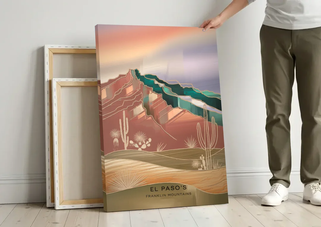 El Paso Franklin Mountains canvas wall art leaning against a wall next to blank canvases