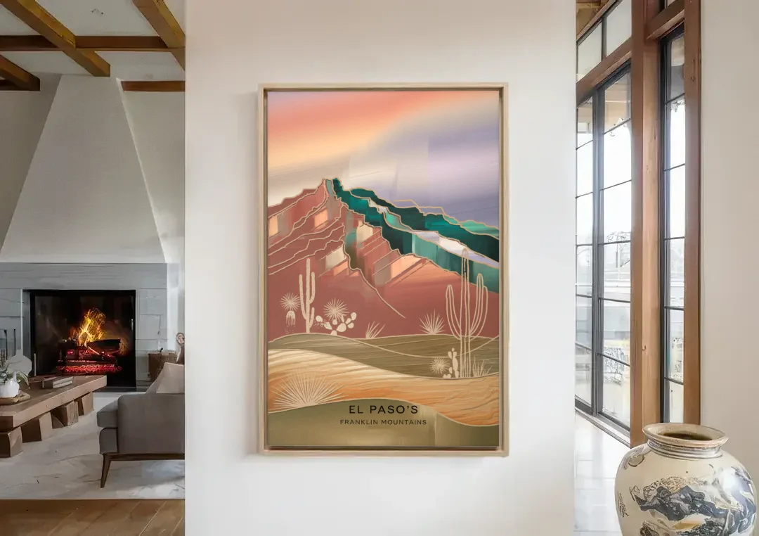 El Paso Franklin Mountains canvas wall art in a living room with a fireplace