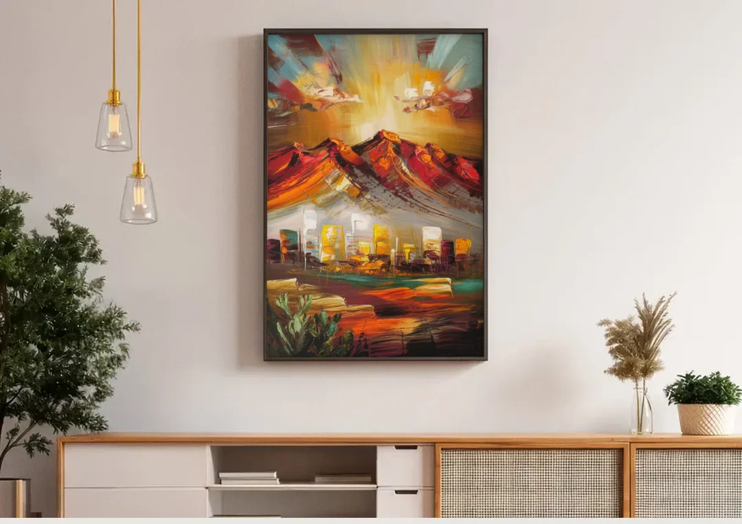El Paso Mountain Horizon canvas wall art above a wooden sideboard under pendant lights