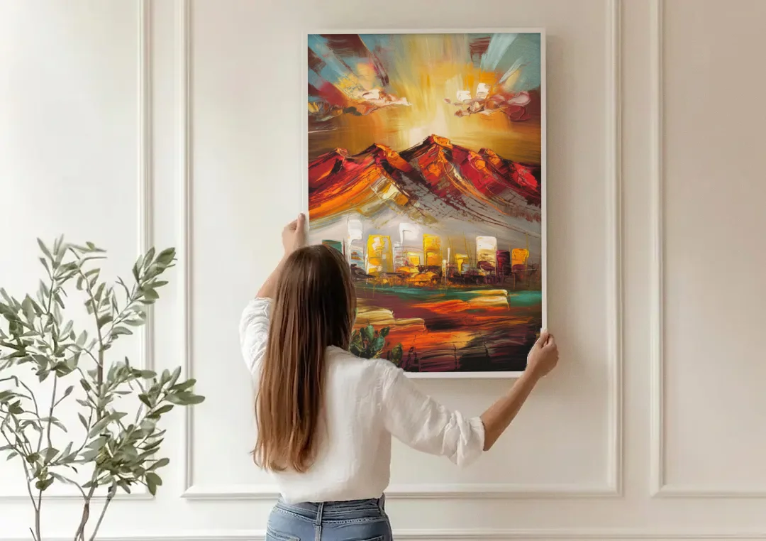 El Paso Mountain Horizon canvas wall art being hung on a paneled wall