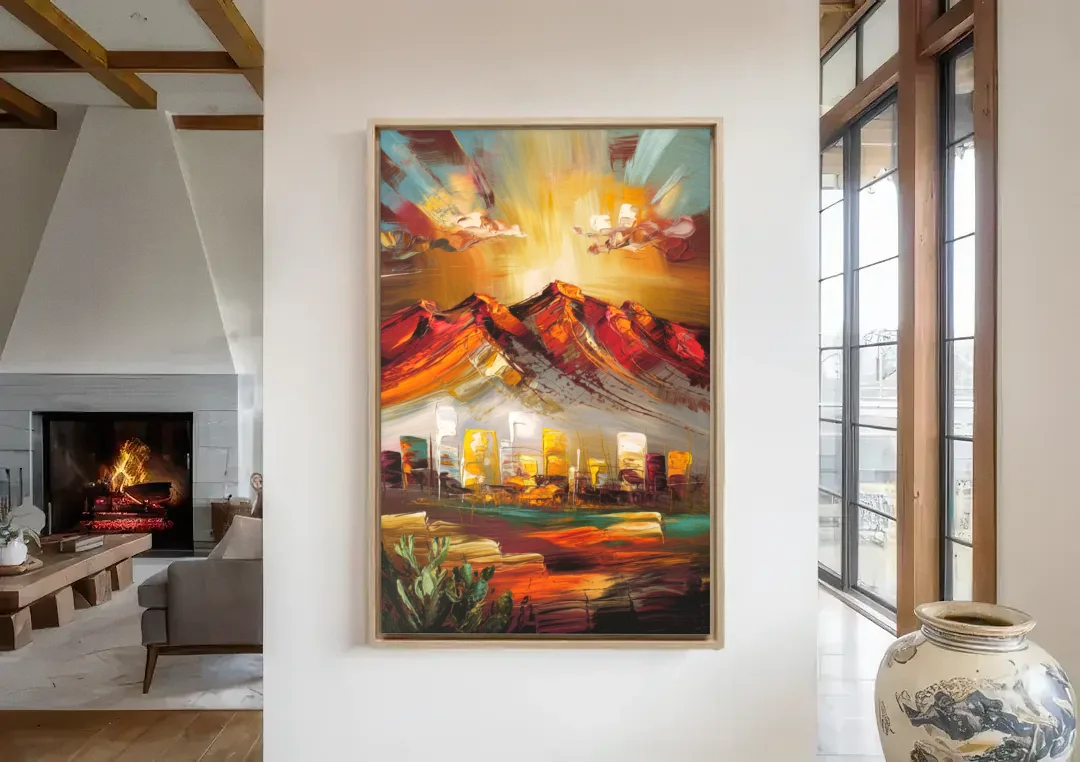 El Paso Mountain Horizon canvas wall art in a living room with a fireplace