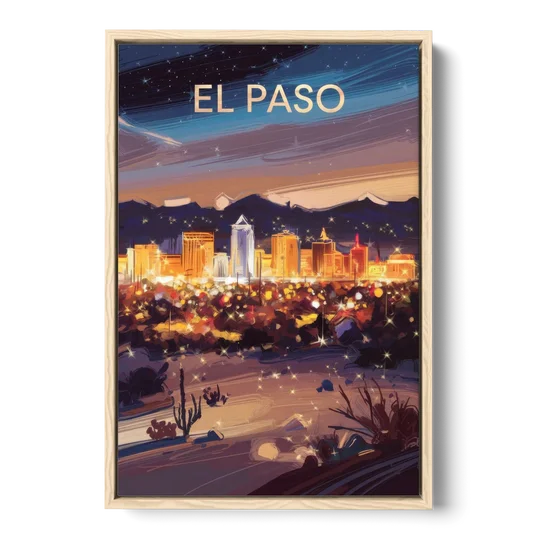 El Paso Night Lights - Oak Framed Canvas Wall Art - Front
