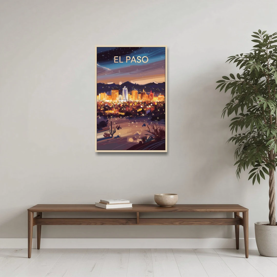 El Paso Night Lights - Oak Framed Canvas Wall Art - Coffee Table - 24x36