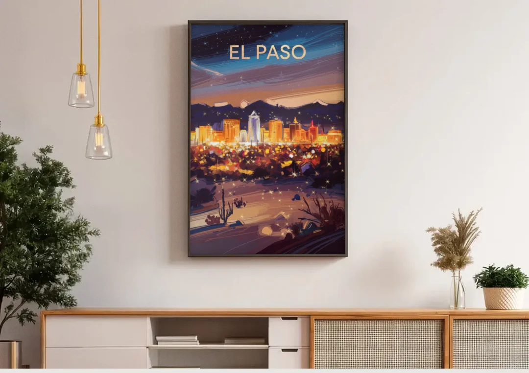 El Paso Night Lights canvas wall art above a wooden sideboard under pendant lights